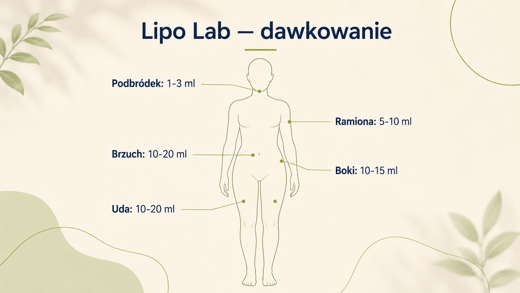 Lipo Lab dawkowanie - schemat: podbródek 1-3 ml, brzuch 10-20 ml, boki 10-15 ml, uda 10-20 ml, ramiona 5-10 ml