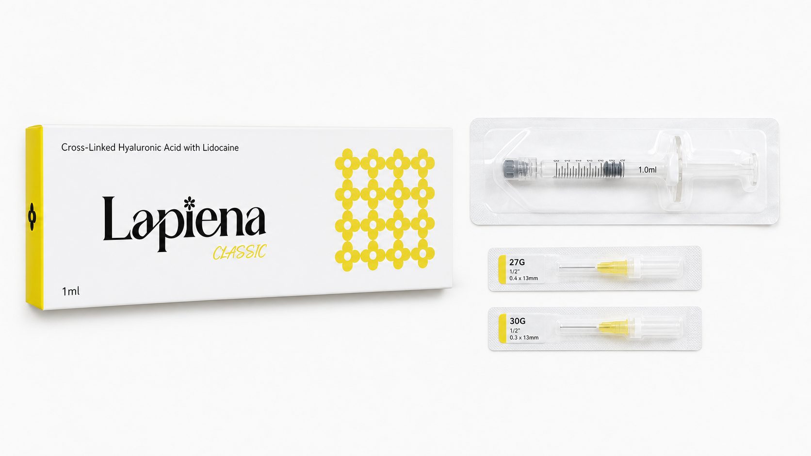 Lapiena Classic 1 ml – opakowanie, ampułkostrzykawka i igły 27G oraz 30G