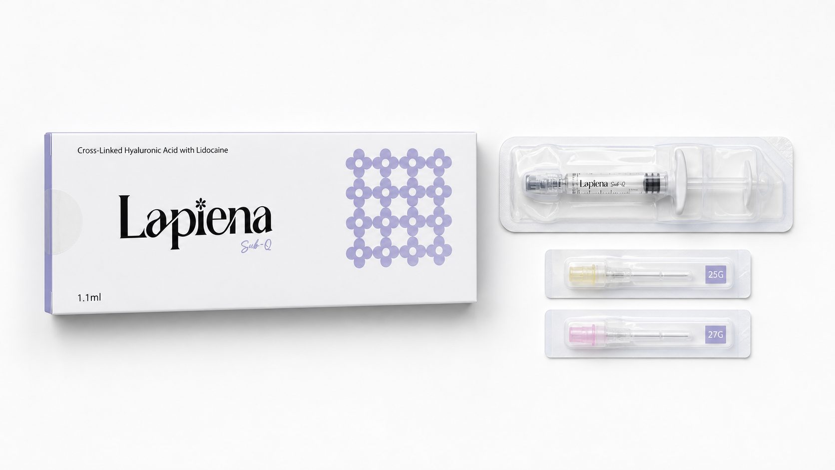 Lapiena Sub-Q 1,1 ml – opakowanie, ampułkostrzykawka oraz igły 25G i 27G