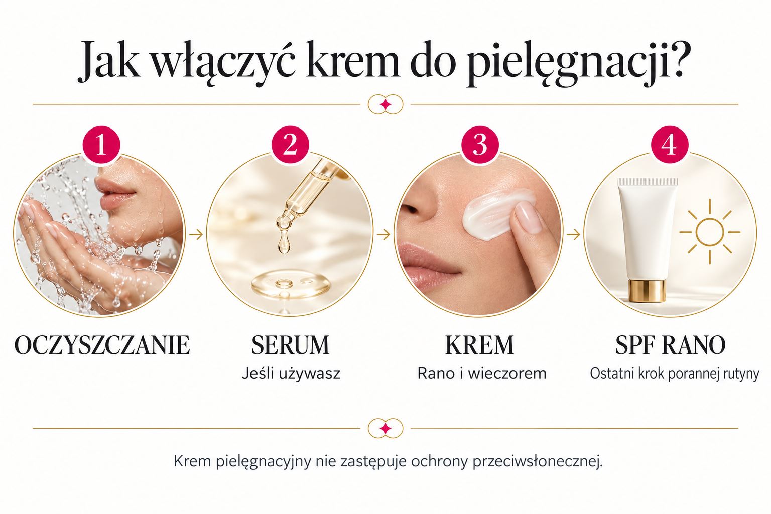 Kolejność pielęgnacji: oczyszczanie, opcjonalne serum, krem i ochrona SPF rano